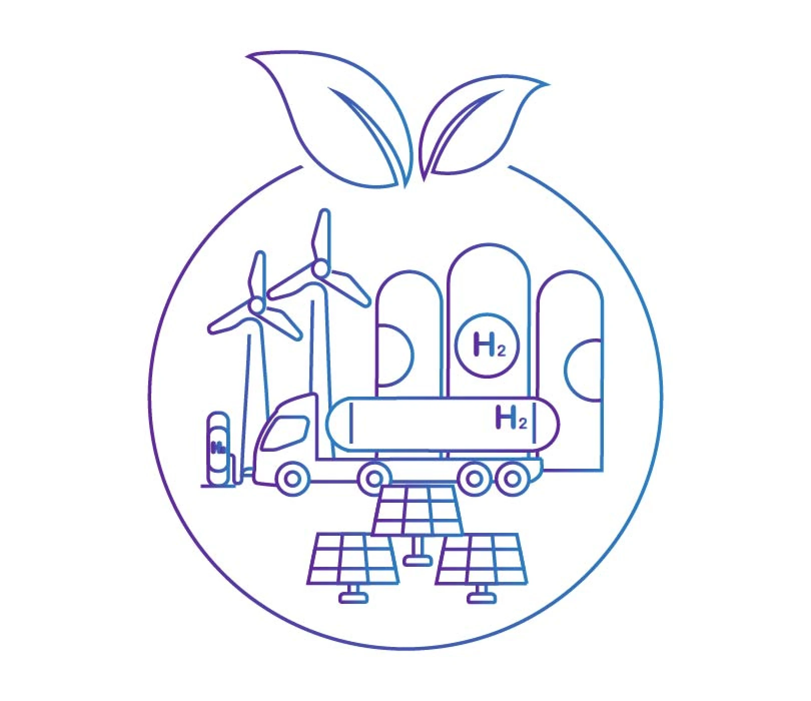 Sustainable energy illustration with wind turbines, solar panels, hydrogen tanks, fuel truck, and charging station