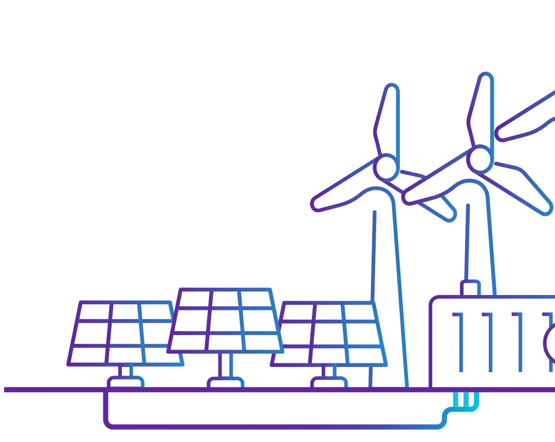 Illustration of solar panel and wind turbine producing renewable energy